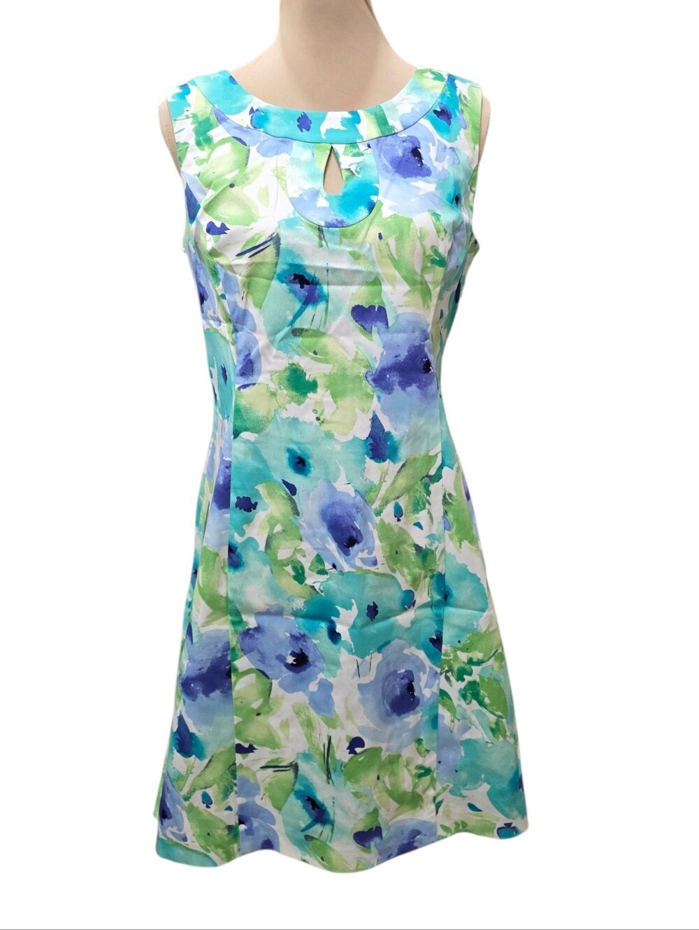 CHAPS Blue Green Floral Round Neckline A-line Skirt Sleeveless Dress Size 14
